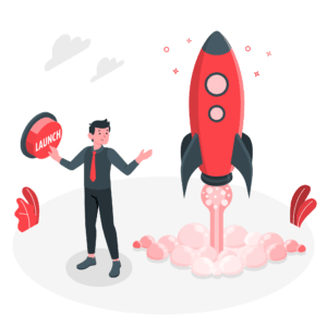 Animation of a man Launching a rocket by pressing a launch button.