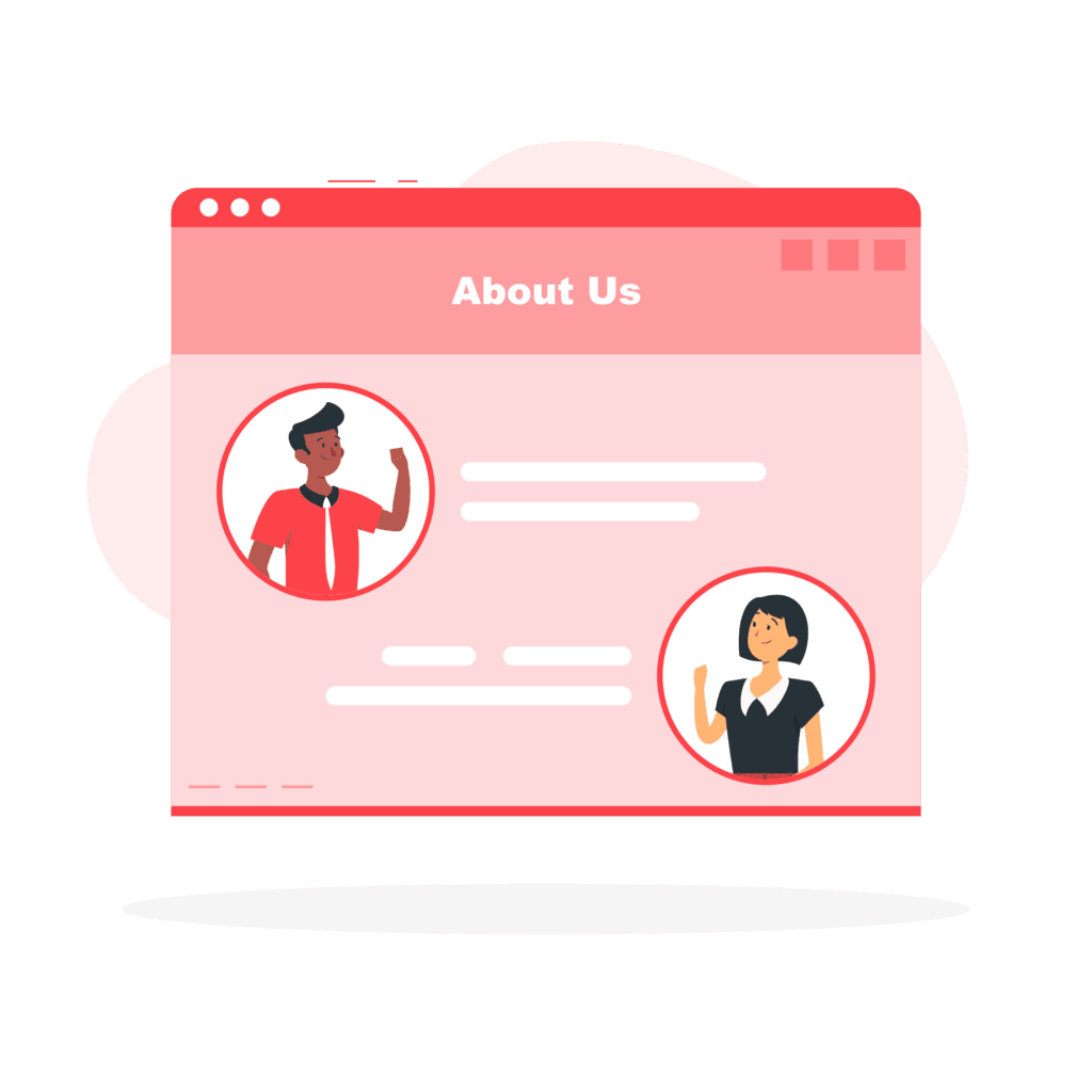 Cartoon of an about us webpage with two people listed.