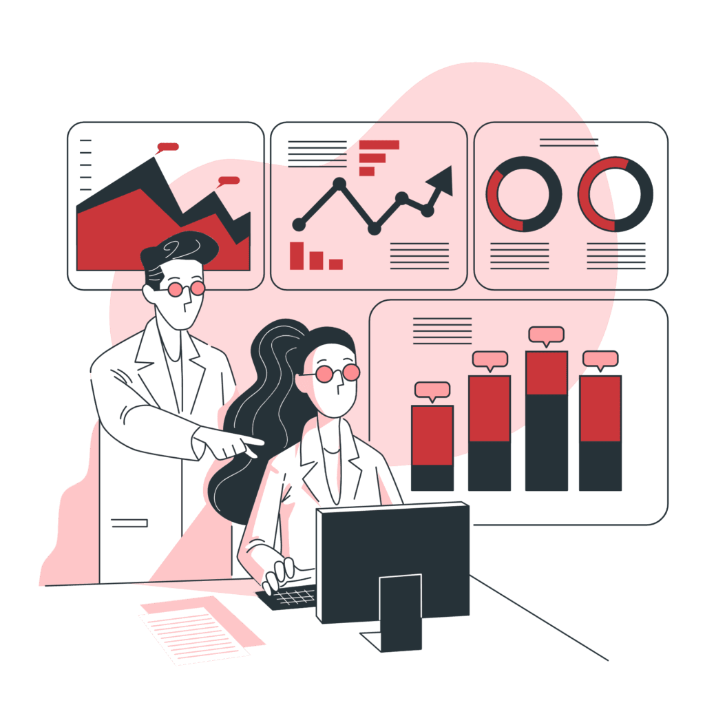 Cartoon of a man and a woman scientist working on aa computer with graphs and analytical data in the background.