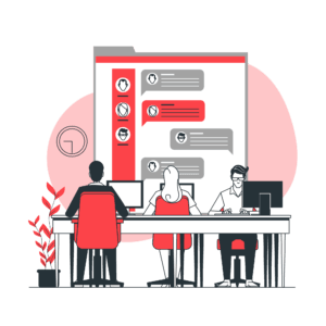 Cartoon of the individuals at a desk responding to chat with a large mural of a webpage in the background.