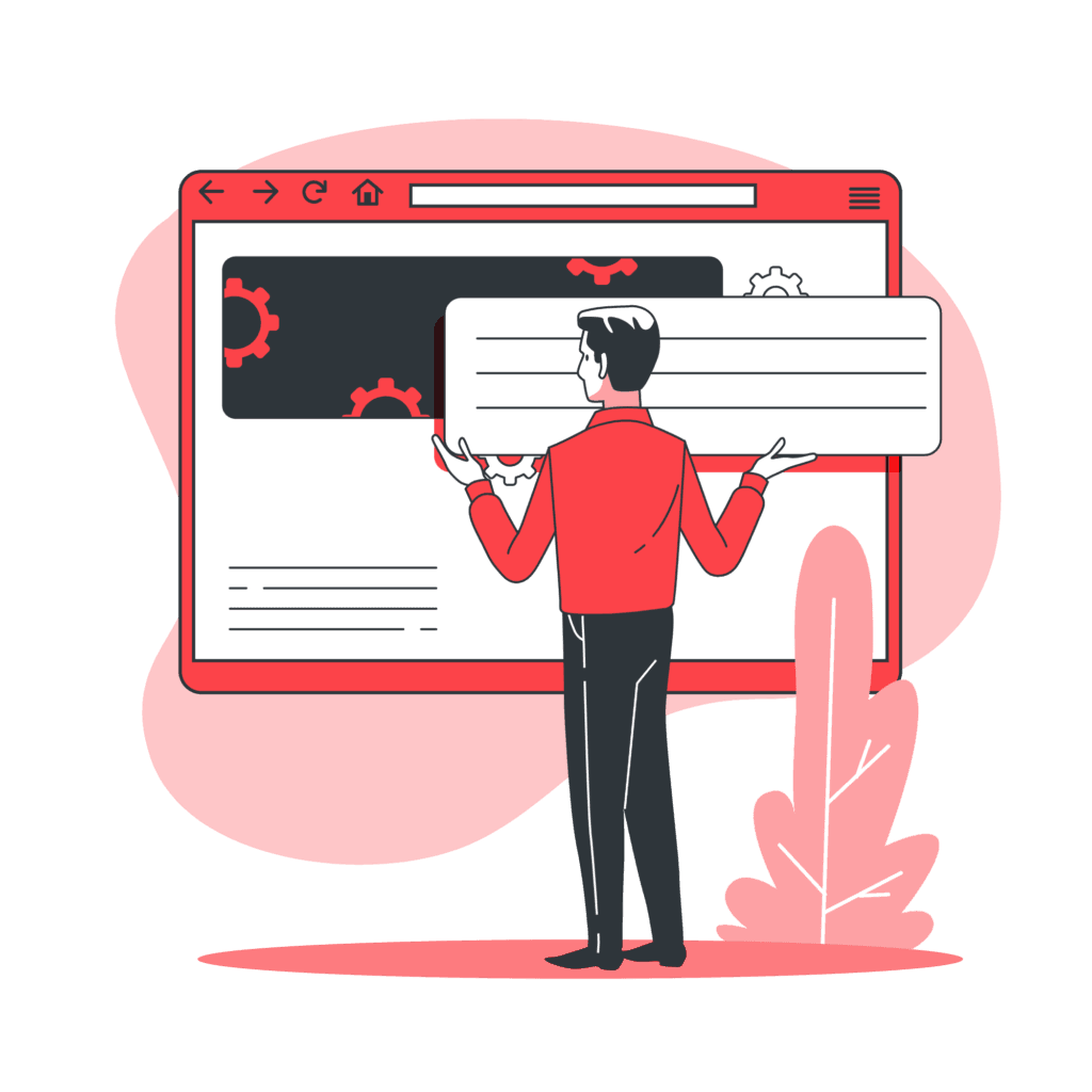 Cartoon of a man holding up a block of content ready to place it on a board that depicts a webpage.