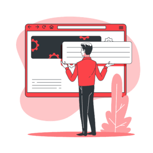 Cartoon of a man holding up a block of content ready to place it on a board that depicts a webpage.