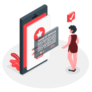 Cartoon of a woman with a check mark over her head while looking at a policy on a large phone.