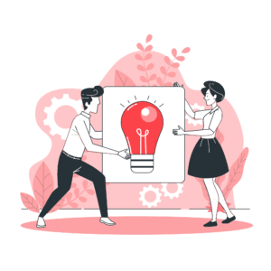 Cartoon of a man and woman holding up a canvas with a red lightbulb on it.