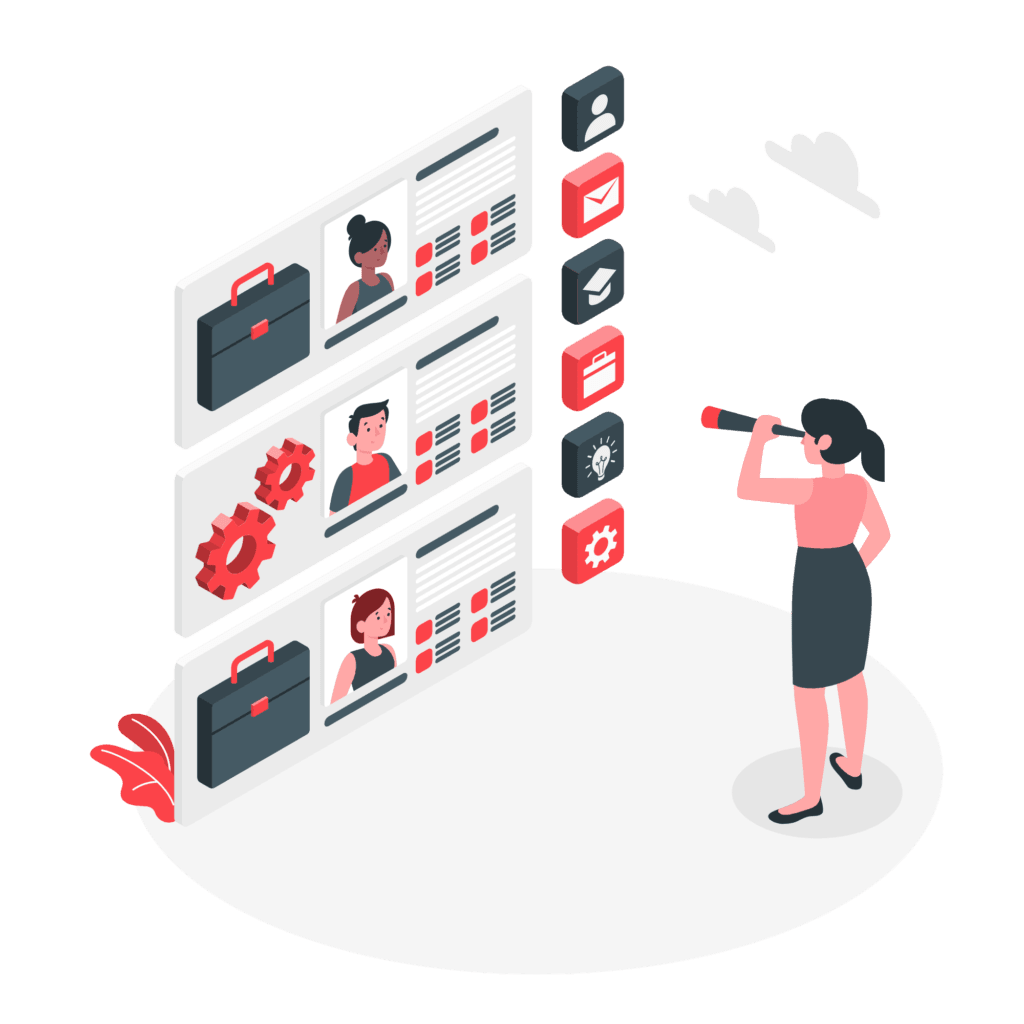 Cartoon of a woman using a spyglass wot view facebook profiles on a large screen.