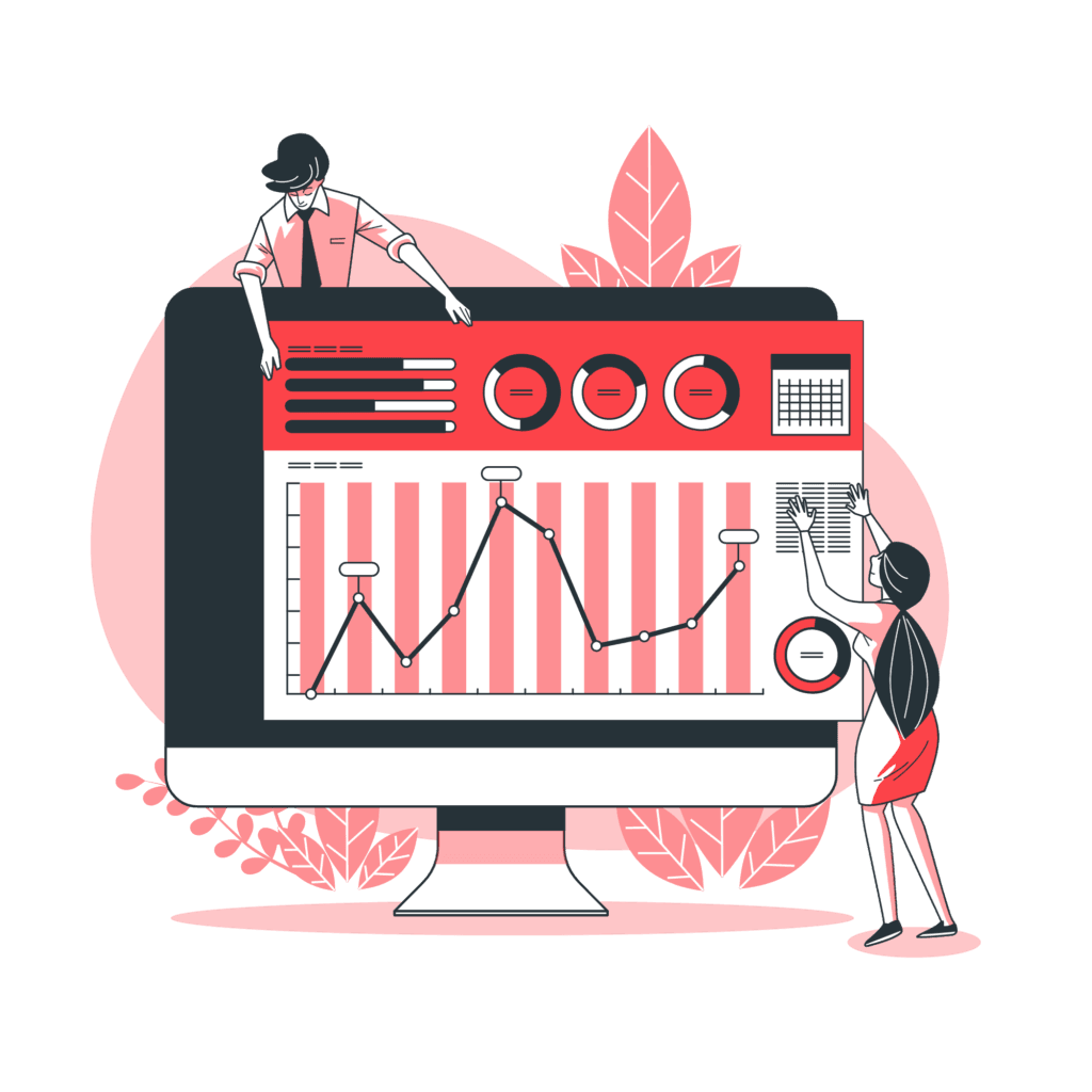 Cartoon of a man and woman optimizing an online advertising campaign.