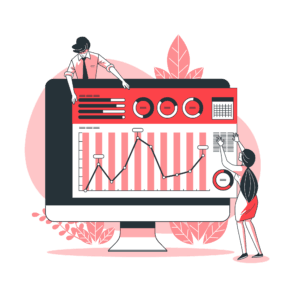 Cartoon of a man and woman optimizing an online advertising campaign.