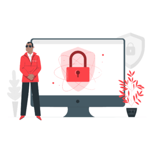 Cartoon of a security guard standing beside a large computer with a lock displayed on the computer screen.