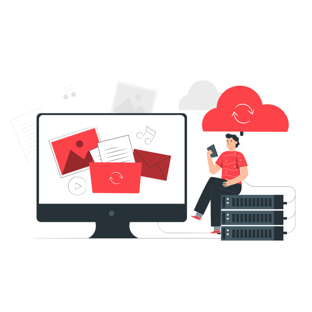 Cartoon of a man sitting on a web hosting server with a cloud over his head.