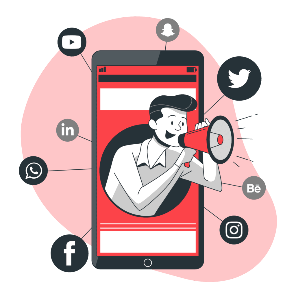 Cartoon of a man coming out of a cellphone using a bullhorn to shout social media icons surround the phone.