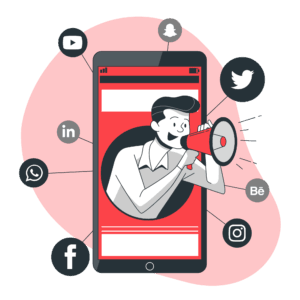 Cartoon of a man coming out of a cellphone using a bullhorn to shout social media icons surround the phone.