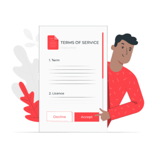 Cartoon of a man holding up a paper titled terms of service.