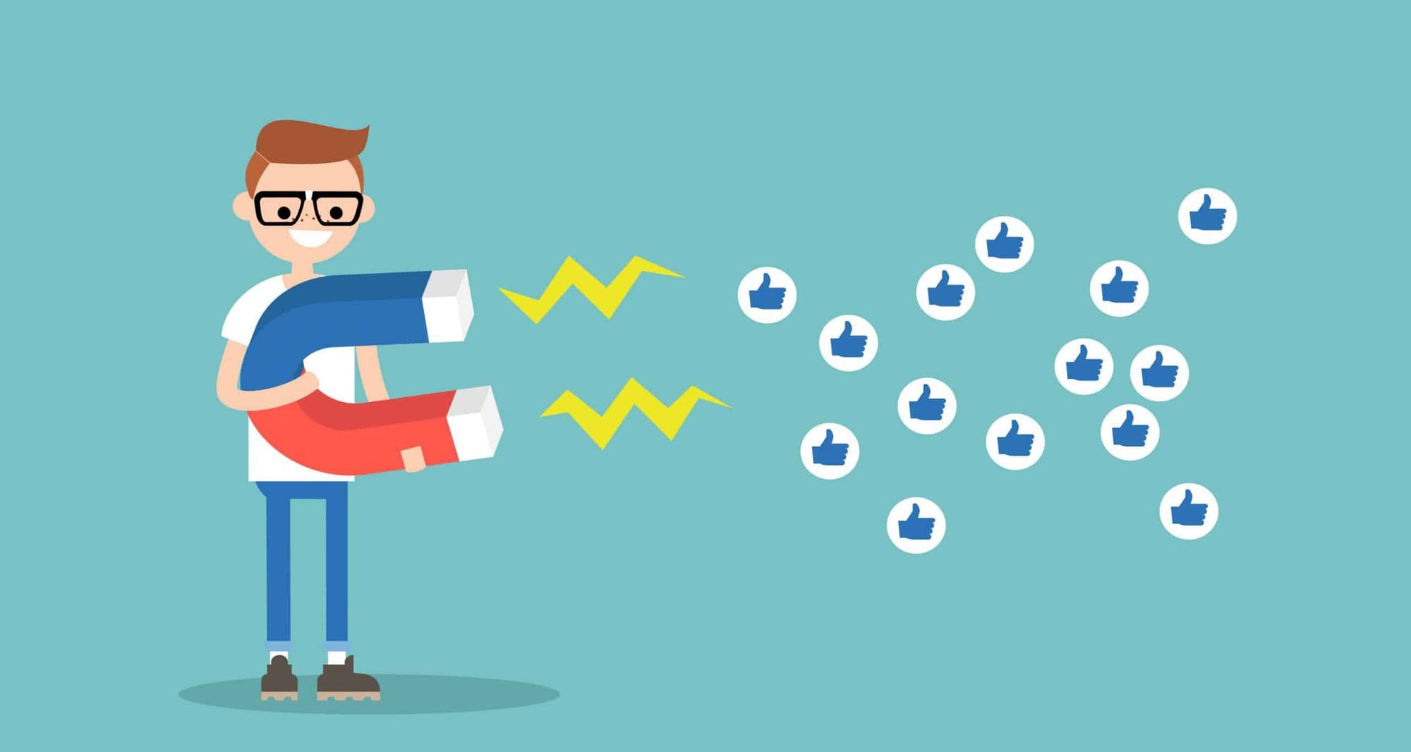 A man holding a large magnet attracting thumbs up bubbles depicting Facebook likes.