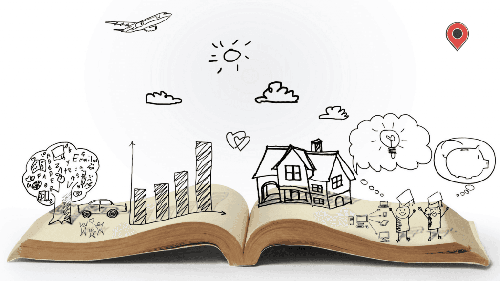 An open book with a doodles of a story coming to life.