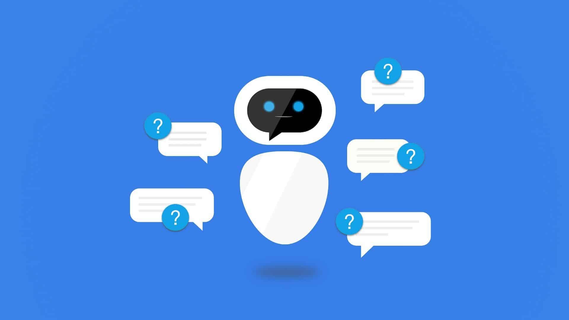 Chat bot for websites surrounded by chat bubbles on a blue background.