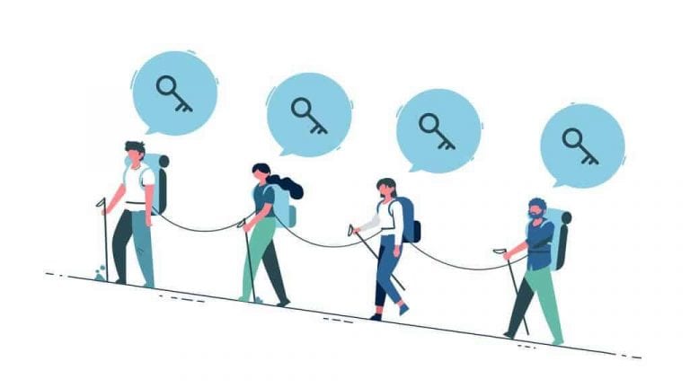 Three sherpas waling up a steep incline.