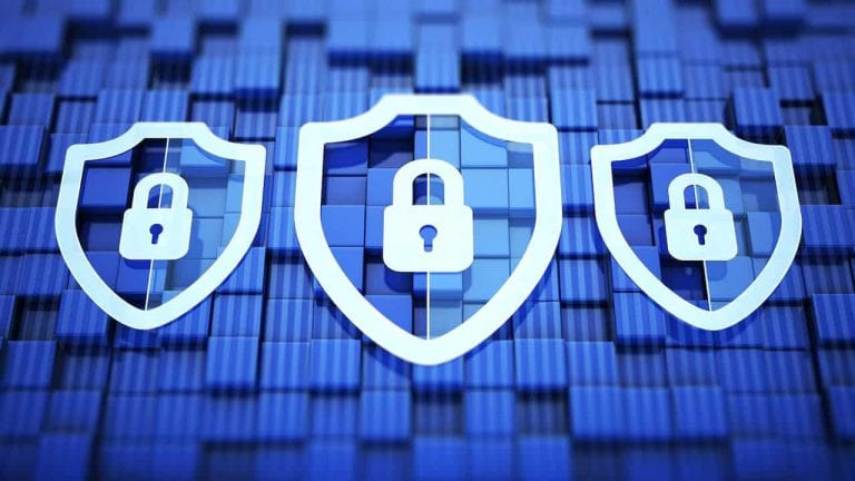 Three security badges on a blue background