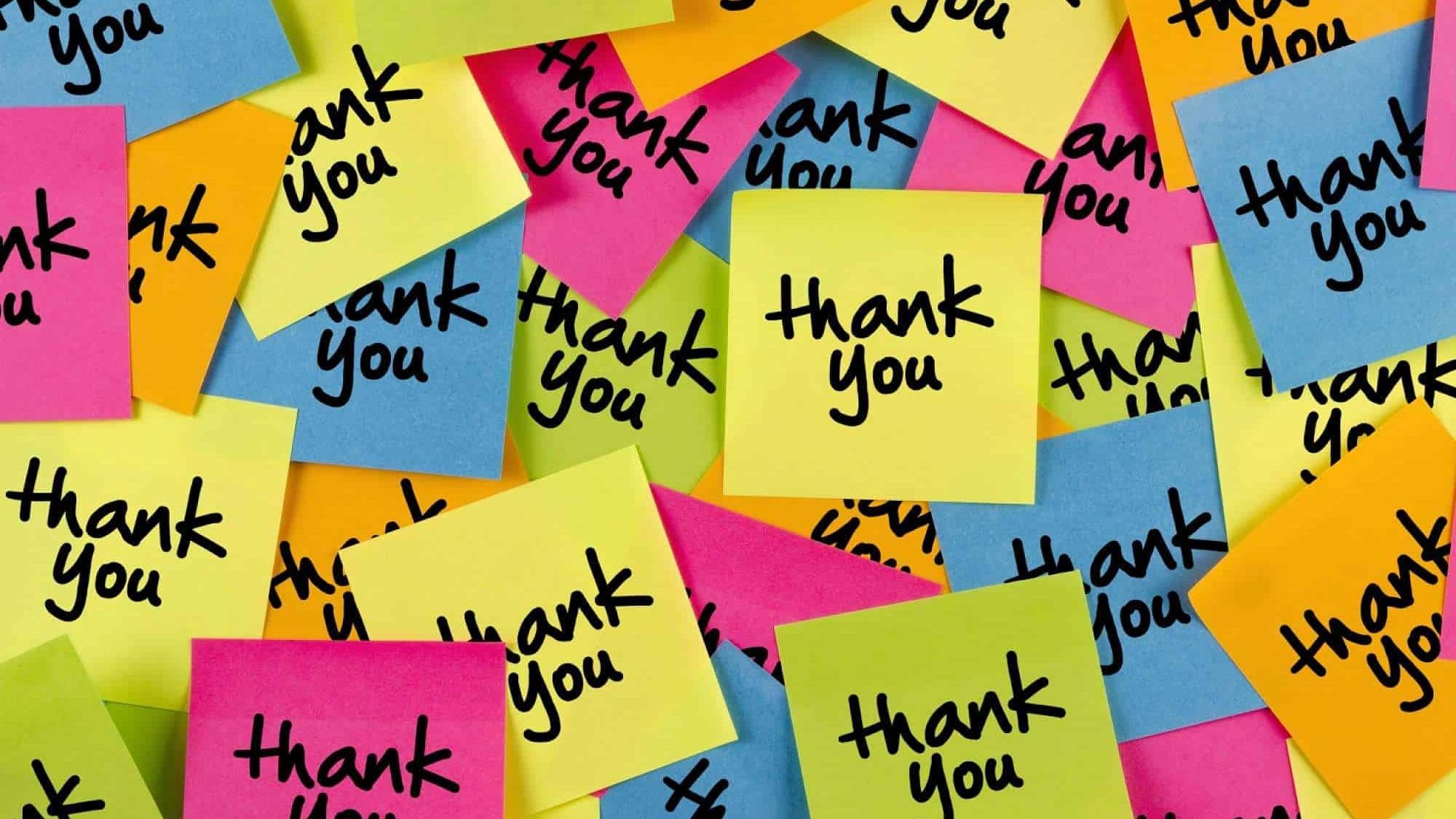 Multi-color Post-It notes with Thank you video all over them.