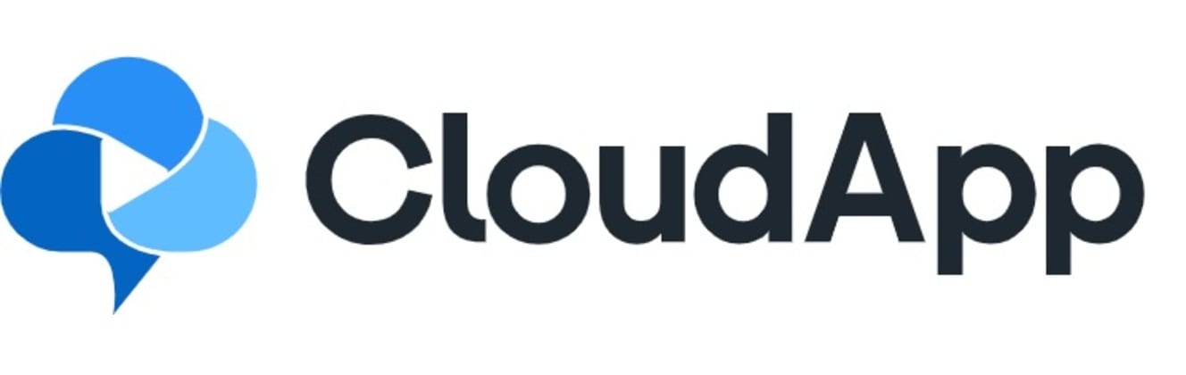 Cloudapp logo in black lettering with a multicolor element preceding the cord cloudapp in three shades of blue.