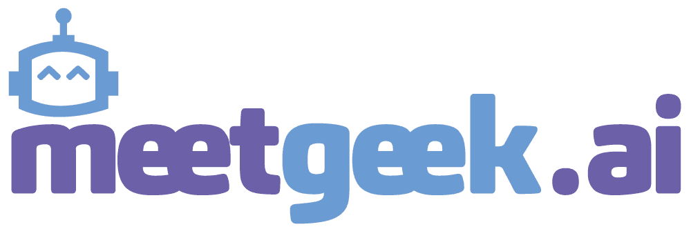 The Meet Geek logo, a stylized letter M with a robot head in purple, with 