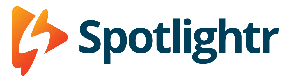 Spotlightr logo is lettered in dark blue with a preceding orange triangle with an s in the middle.