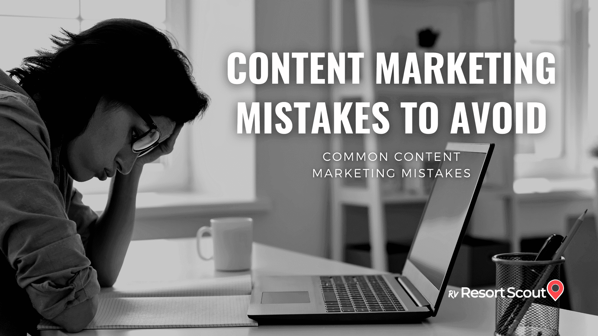 Content Marketing Mistakes to Avoid. Woman lowering her head looking a her laptop.