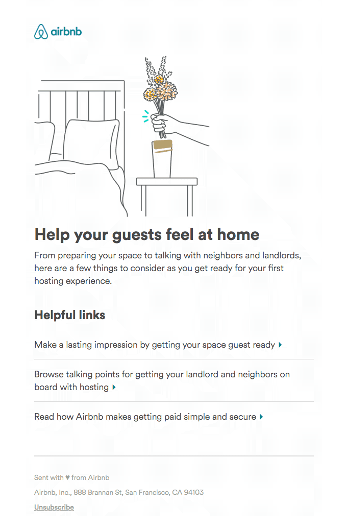 Airbnb Welcome Email Examples: A warm image of an email to it's hosts who have joined the platform.