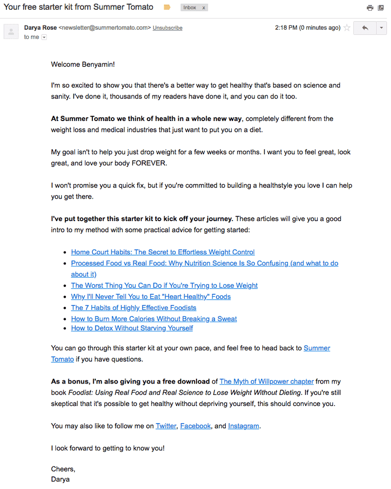 Welcome Email Examples: A delightful image from Summer Tomato of a personalized welcome email with some curated post to read.
