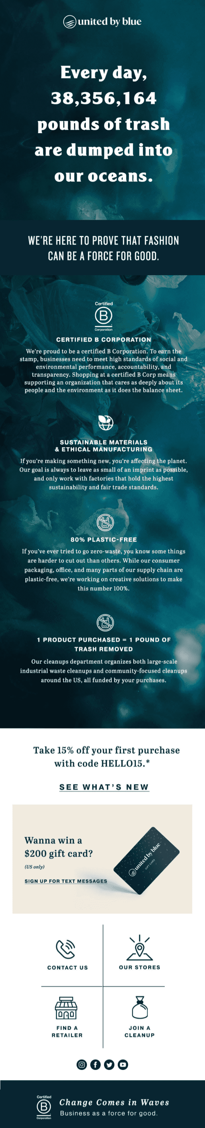 Welcome Email Examples: An image of United by Blue's initial welcome email with a discount code and facts about how ocean pollution affects our planet.