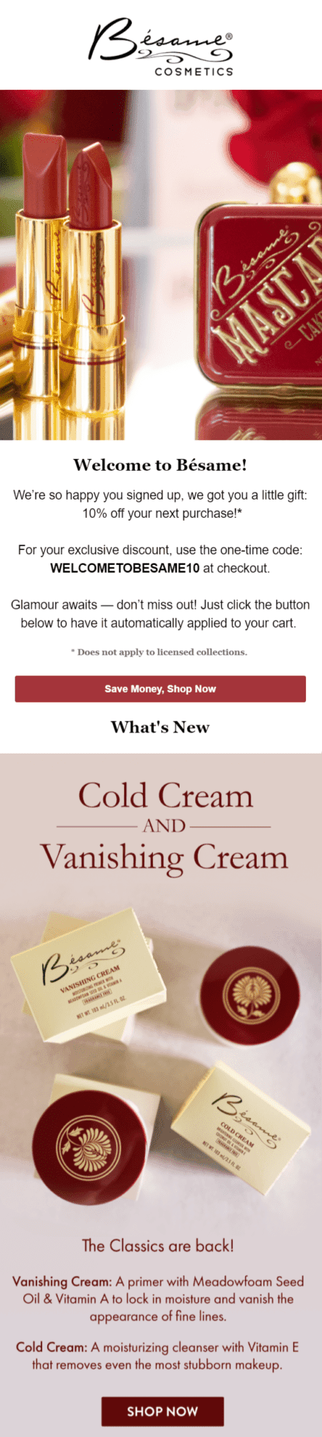 Welcome Email Examples: An image of Besame Cosmetics welcome email offering up a discount code to new subscribers.