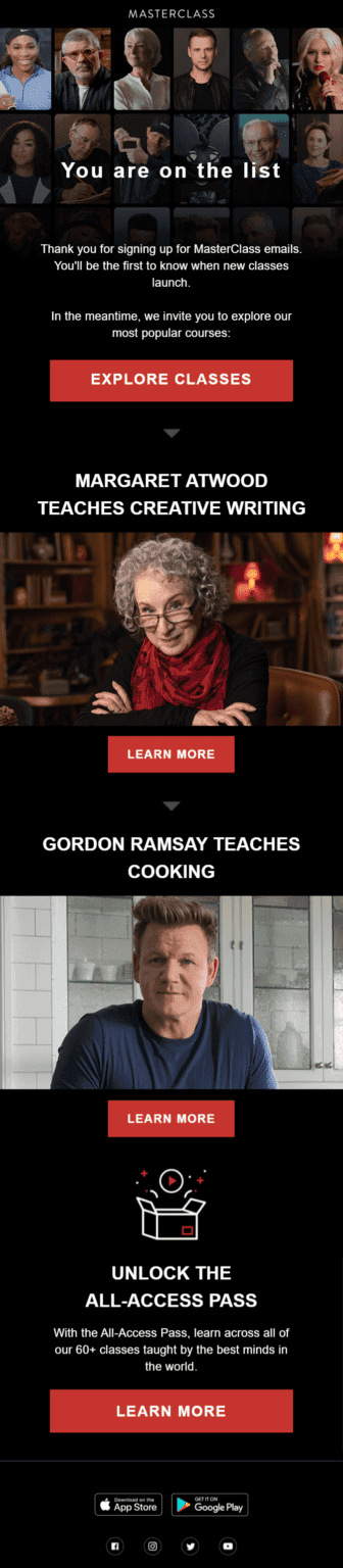 Welcome Email Examples: A visually stunning email filled with info for the new subscribers. Featuring information from its instructors, such as Gordon Ramsey.
