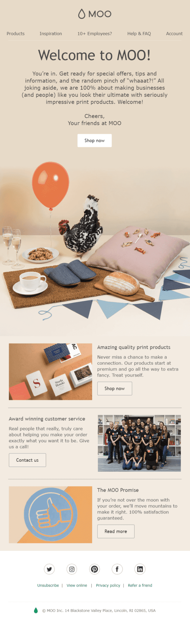 Welcome Email Examples: An image of Moo's welcome email offing savings and welcoming new subscribers.