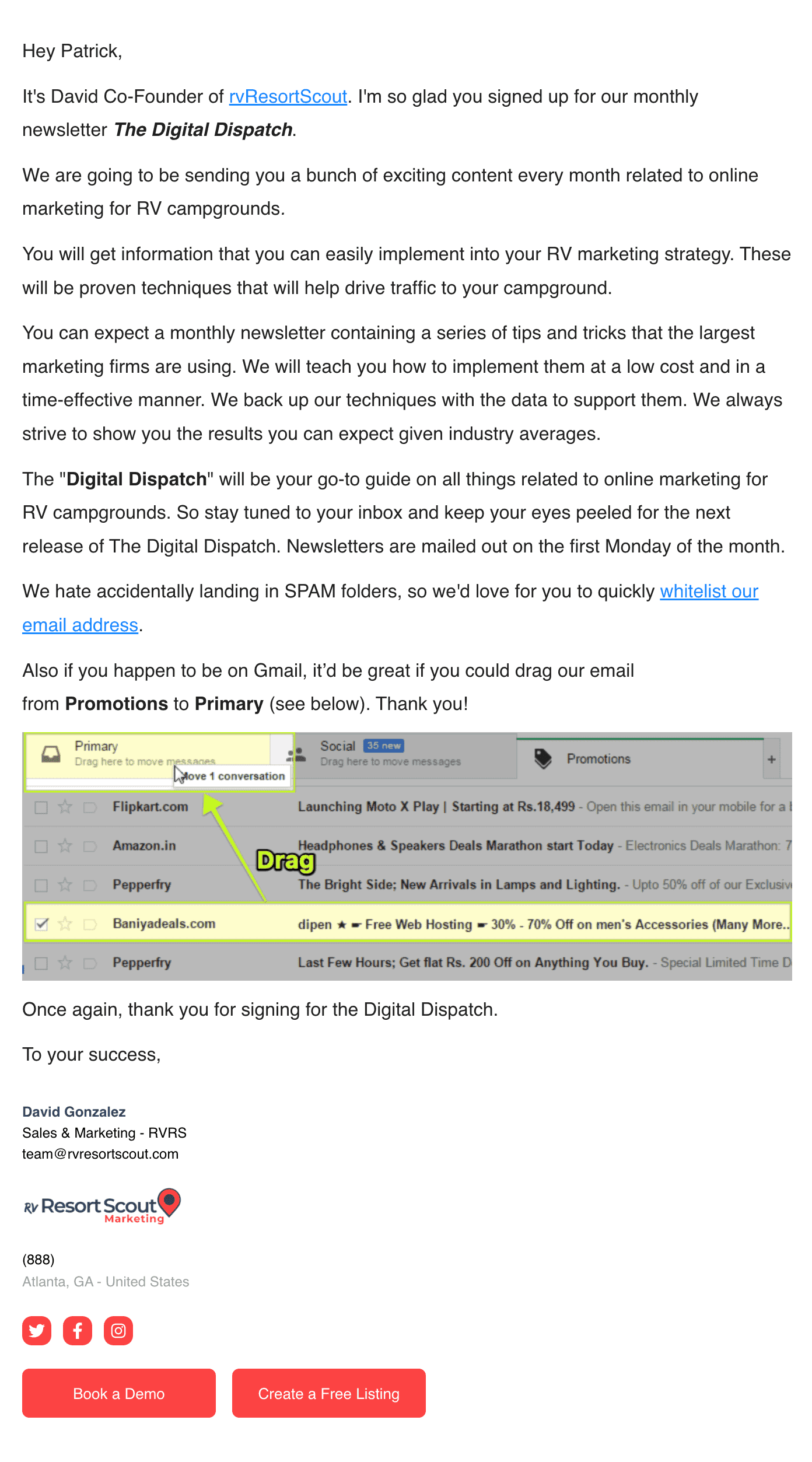 rvResortScout's Welcome Email Example: A delightful image of an email extending a friendly greeting to new newsletter subscribers.