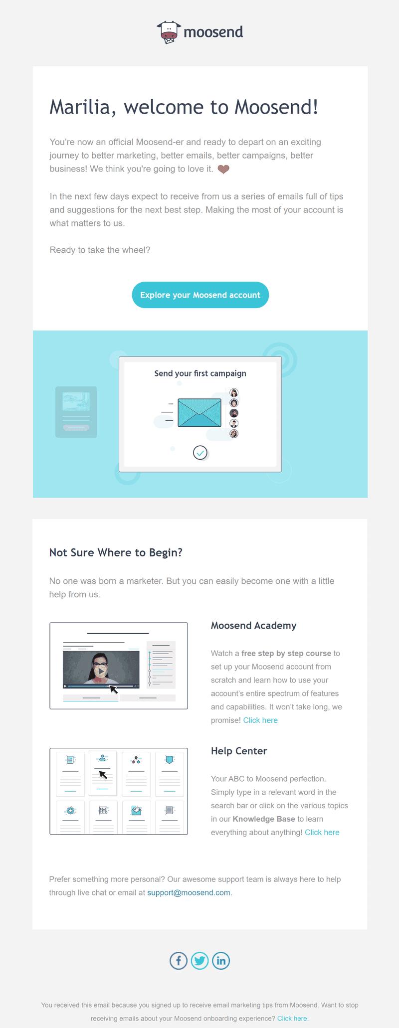 Moosend Welcome Email Example: A delightful image of an email extending a friendly greeting to new Moosender subscribers to their email list.