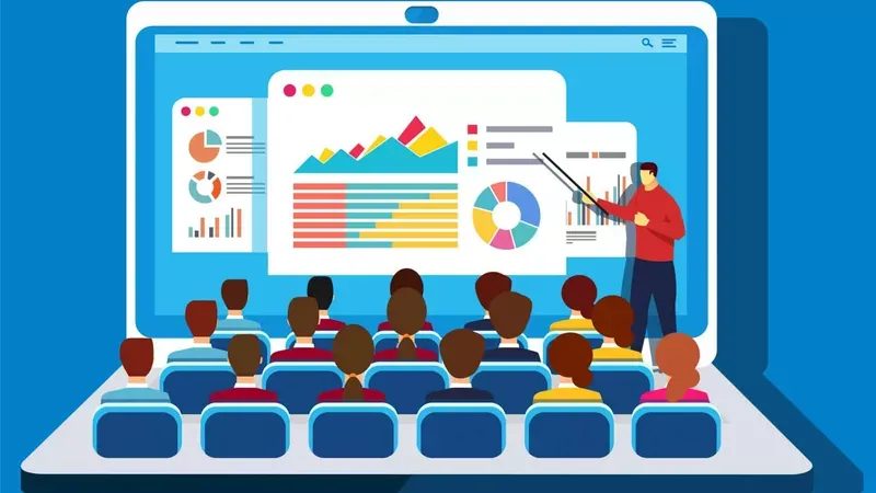 Large screen with a teacher with students at their desk.