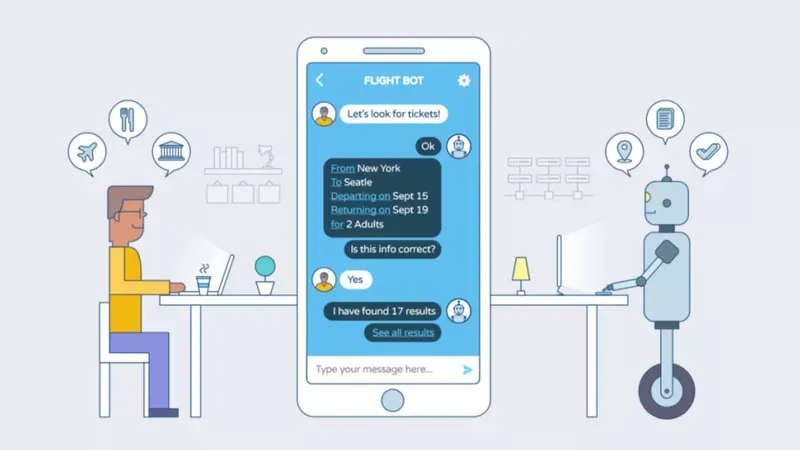 Bots for Websites: man on the left chatbot on the right, with a iphone in the middle depicting an online chat.