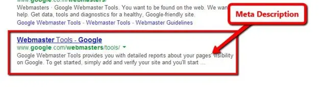 On page SEO example of Webmaster Tools meta description.