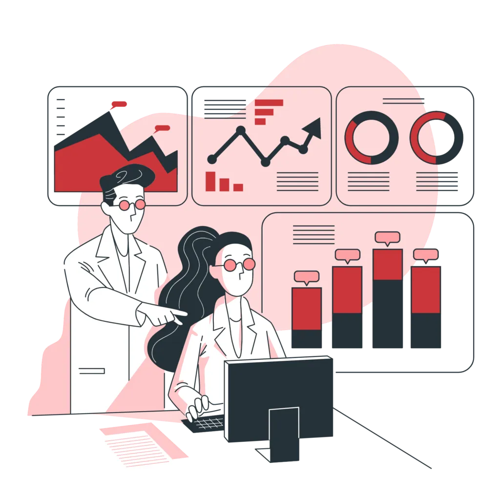 Cartoon of a man and a woman scientist working on aa computer with graphs and analytical data in the background.