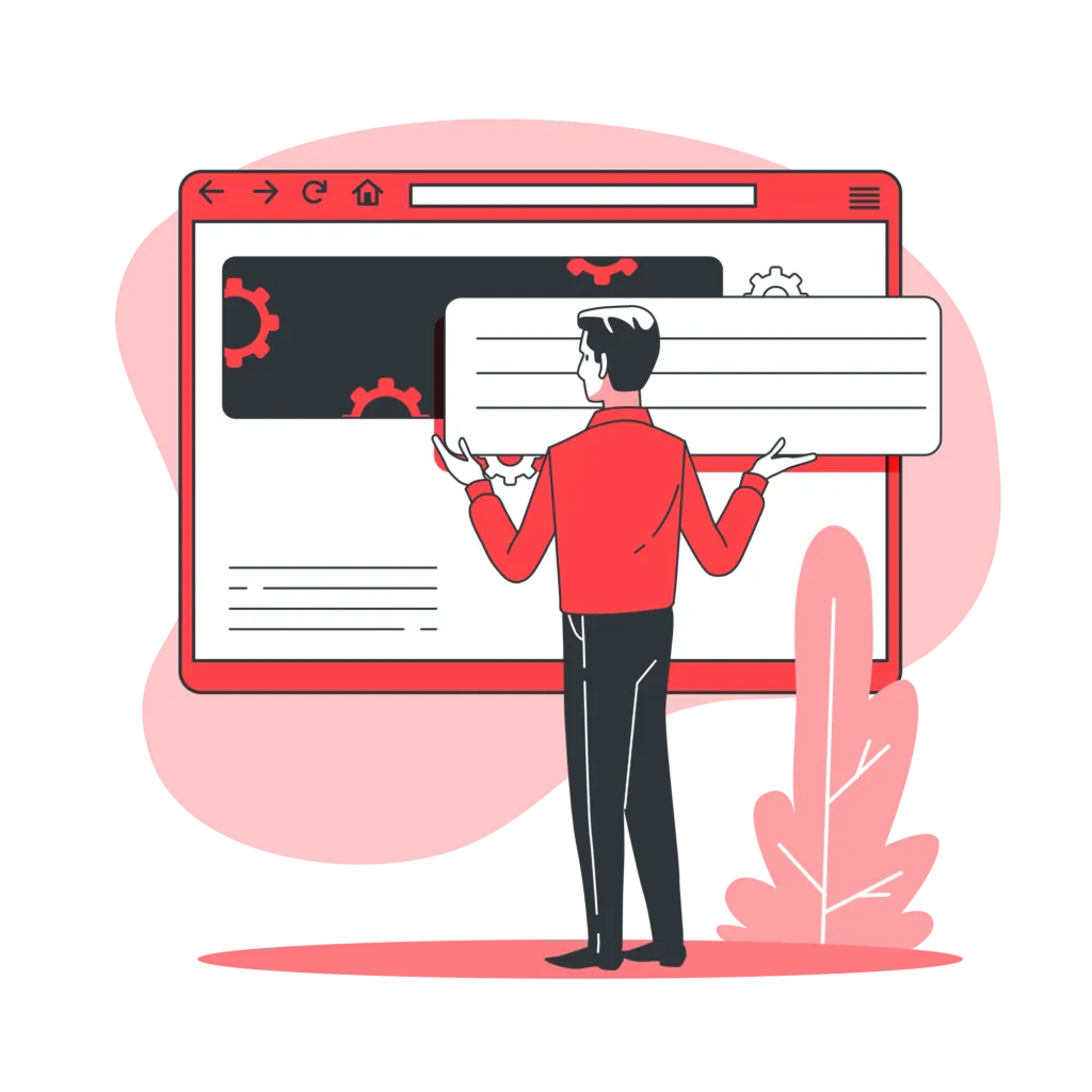 Cartoon of a man holding up a block of content ready to place it on a board that depicts a webpage.