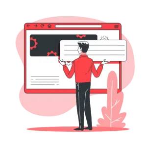 Cartoon of a man holding up a block of content ready to place it on a board that depicts a webpage.
