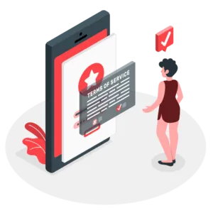 Cartoon of a woman with a check mark over her head while looking at a policy on a large phone.