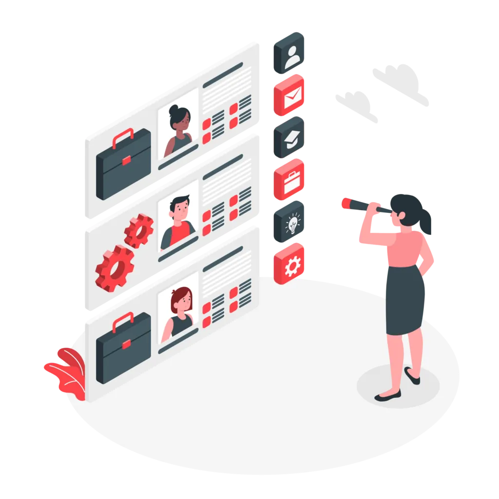 Cartoon of a woman using a spyglass wot view facebook profiles on a large screen.