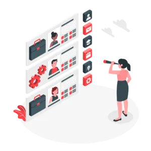 Cartoon of a woman using a spyglass wot view facebook profiles on a large screen.
