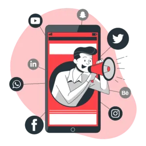 Cartoon of a man coming out of a cellphone using a bullhorn to shout social media icons surround the phone.