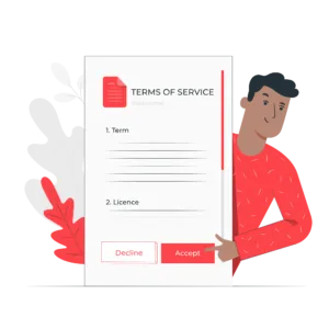 Cartoon of a man holding up a paper titled terms of service.