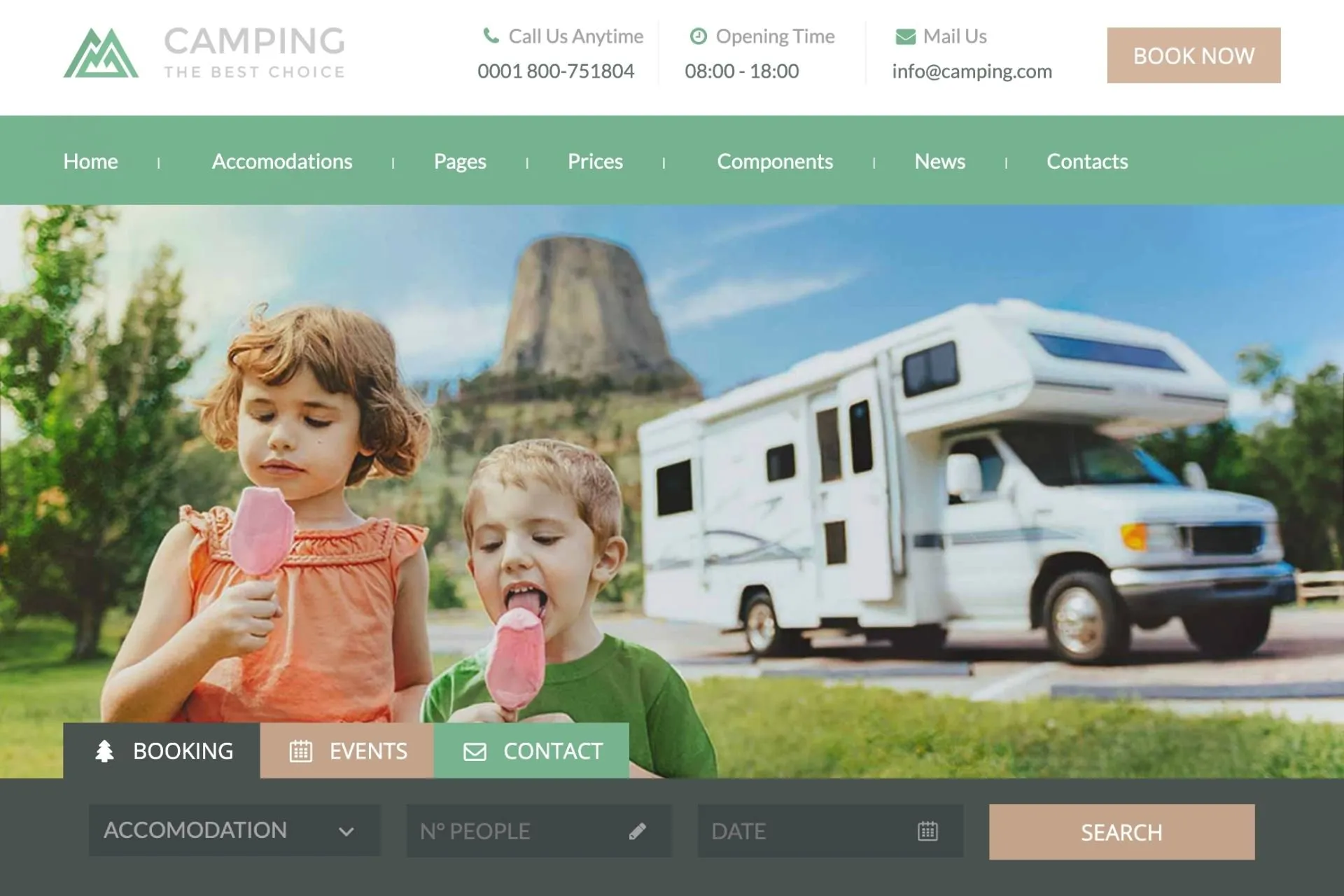 RV Park Website Design page with children eating a popsicle with an RV in the background