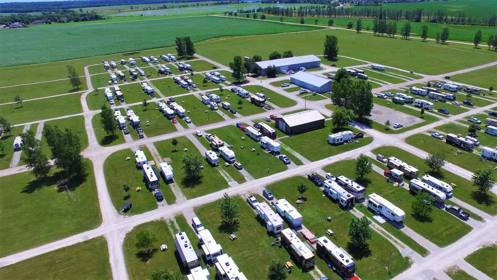 Aerial view of a campground listed in by our RV Park Directory Services.