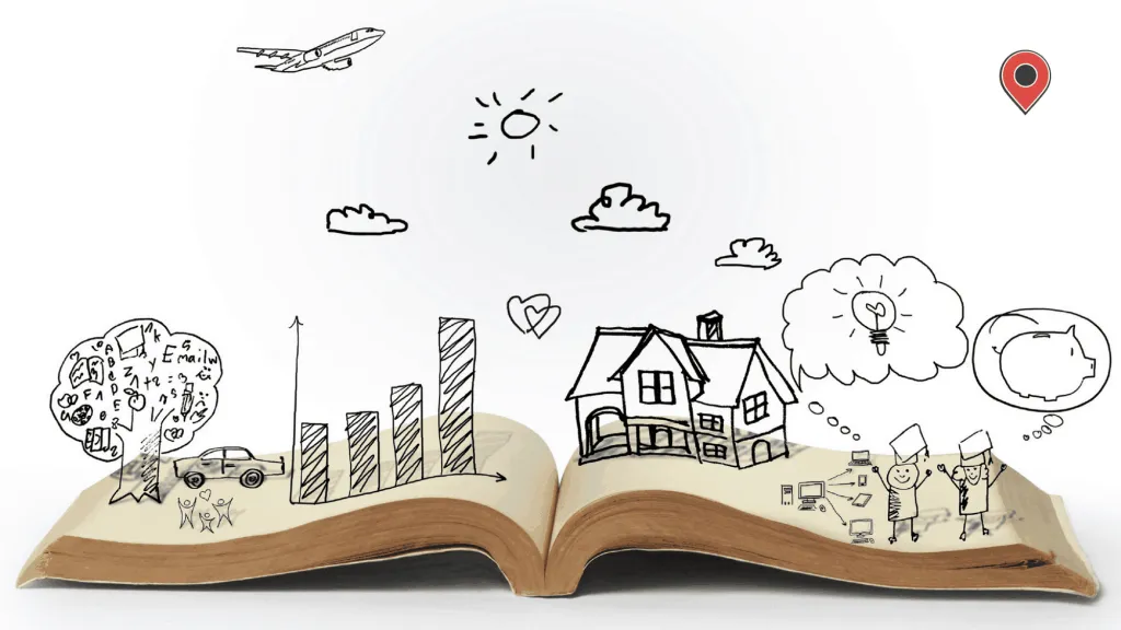 An open book with a doodles of a story coming to life.