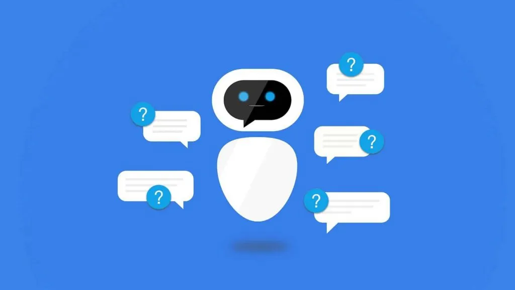 Chat bot for websites surrounded by chat bubbles on a blue background.