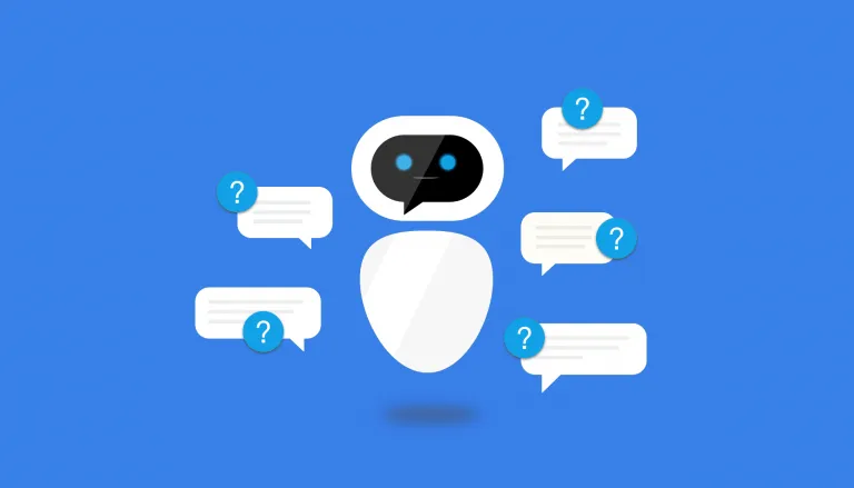 Chatbot with talking bubbles on a blue background.